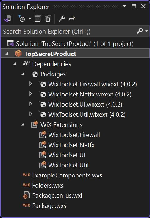 HeatWave .wixproj Dependencies node showing WiX extensions