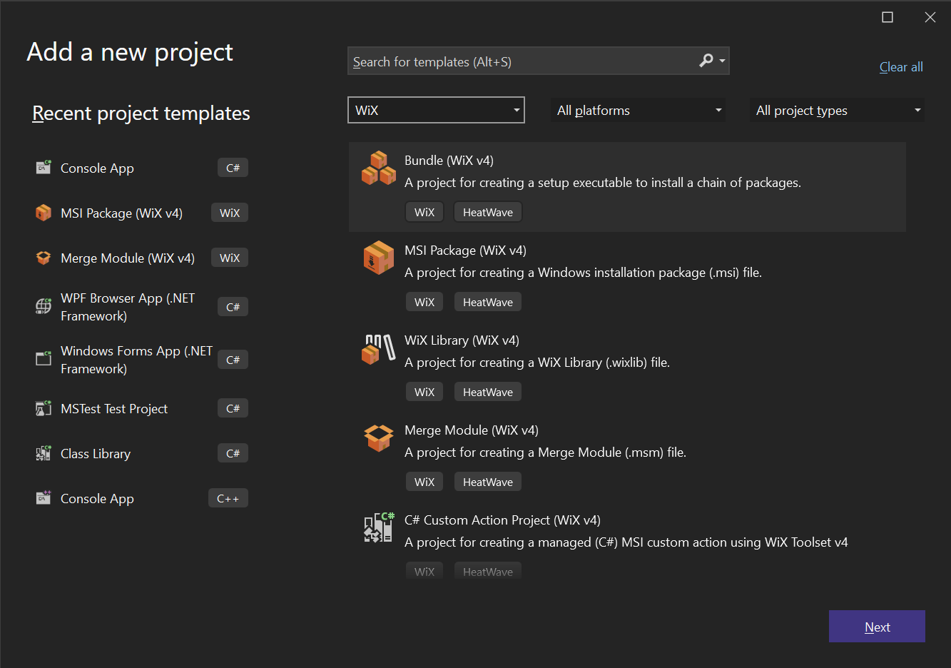 HeatWave templates in new project window